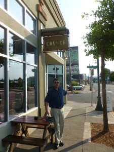 Lawyer John Mansfield at the somewhat plain entrance to Church