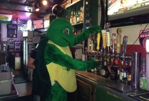 You may have one of the twelve draft beers drawn by The Cheerful Mascot.