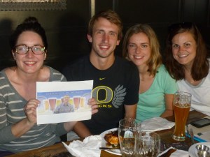Our waitress, Leslie and Ryan, Laura and Kenzie with Thebeerchaser logo