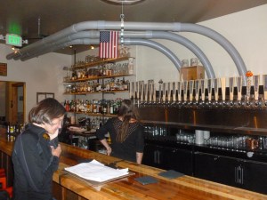 Janet "pouring" over the extensive list of craft beers - notice the "PumKing" tap