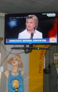 Hillary in acceptance speech while Milania in the hat listens along with Cheryl....