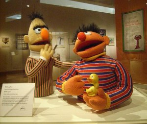 Wikimedia Commons https://commons.wikimedia.org/wiki/File:Bert_and_Ernie_(2841396233).jpg) Licensed under the Creative Commons Attribution 2.0 Generic license. Author: Cliff from Arlington Virginia 11 Nov. 2007